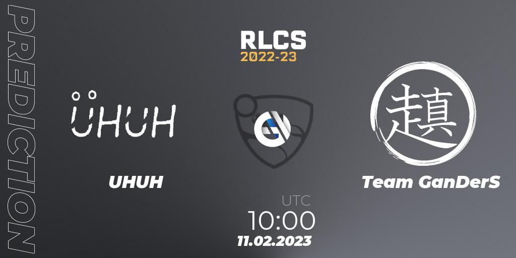 UHUH vs Team GanDerS: Betting TIp, Match Prediction. 11.02.2023 at 10:00. Rocket League, RLCS 2022-23 - Winter: Asia-Pacific Regional 2 - Winter Cup