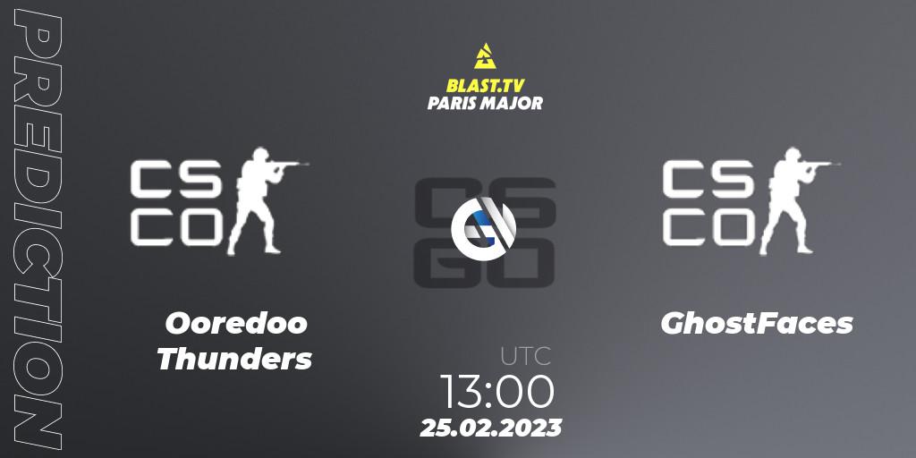 Ooredoo Thunders vs GhostFaces: Betting TIp, Match Prediction. 25.02.2023 at 13:00. Counter-Strike (CS2), BLAST.tv Paris Major 2023 Middle East RMR Closed Qualifier