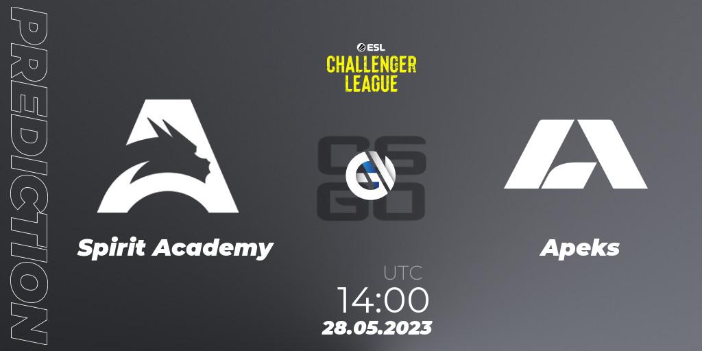 Spirit Academy vs Apeks: Betting TIp, Match Prediction. 28.05.2023 at 14:00. Counter-Strike (CS2), ESL Challenger League Season 45: Europe