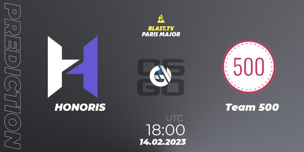 HONORIS vs Team 500: Betting TIp, Match Prediction. 14.02.2023 at 18:00. Counter-Strike (CS2), BLAST.tv Paris Major 2023 Europe RMR Open Qualifier