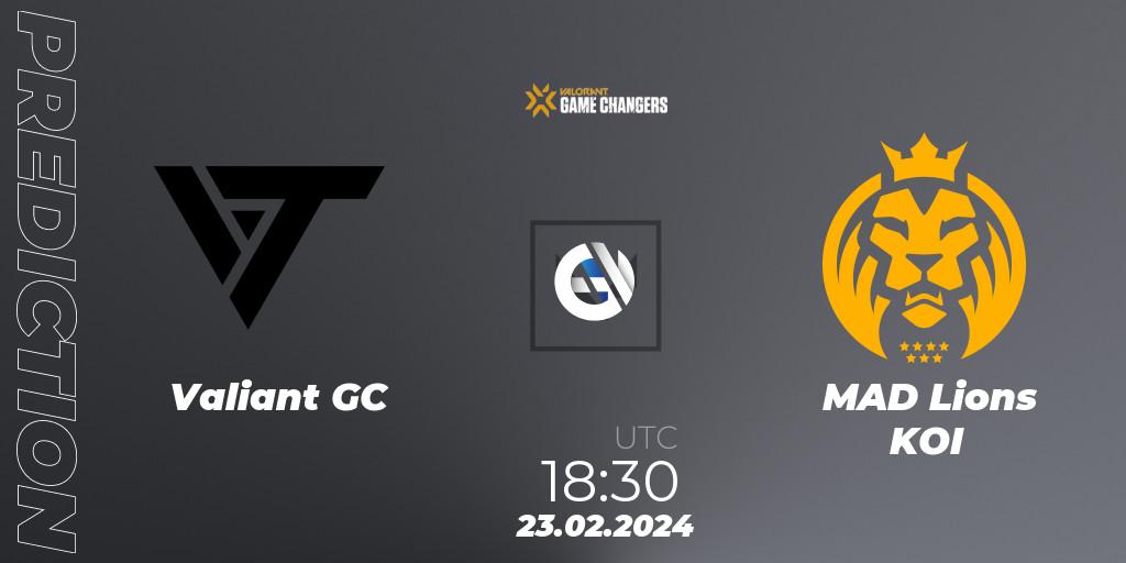 Valiant GC vs MAD Lions KOI: Betting TIp, Match Prediction. 23.02.2024 at 19:30. VALORANT, VCT 2024: Game Changers EMEA Stage 1