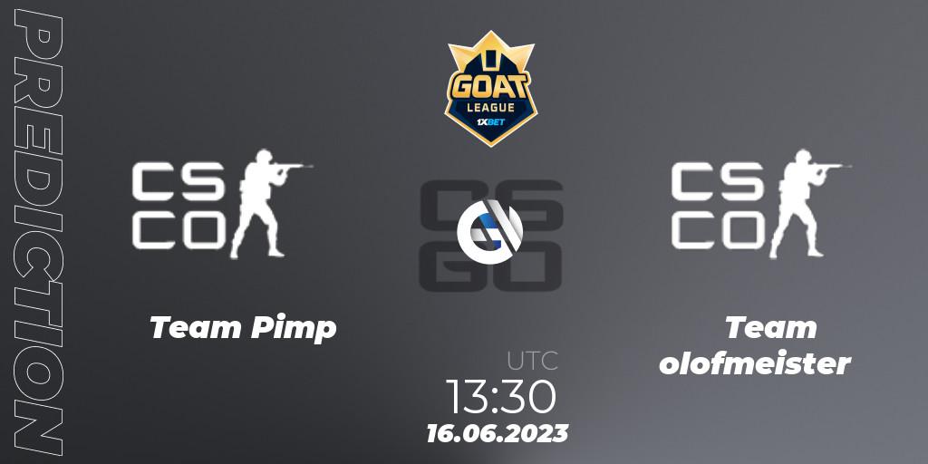 Team Pimp vs Team olofmeister: Betting TIp, Match Prediction. 16.06.2023 at 13:30. Counter-Strike (CS2), 1xBet GOAT League 2023 Summer VACation