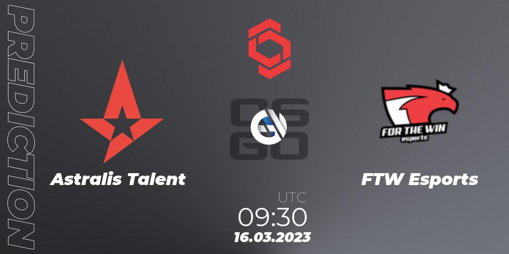 Astralis Talent vs FTW Esports: Betting TIp, Match Prediction. 16.03.2023 at 09:30. Counter-Strike (CS2), CCT Central Europe Series 5 Closed Qualifier