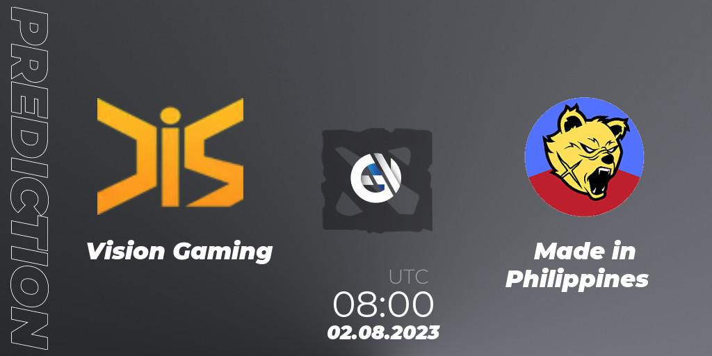 Vision Gaming vs Made in Philippines: Betting TIp, Match Prediction. 02.08.2023 at 08:00. Dota 2, 1XPLORE Asia #2