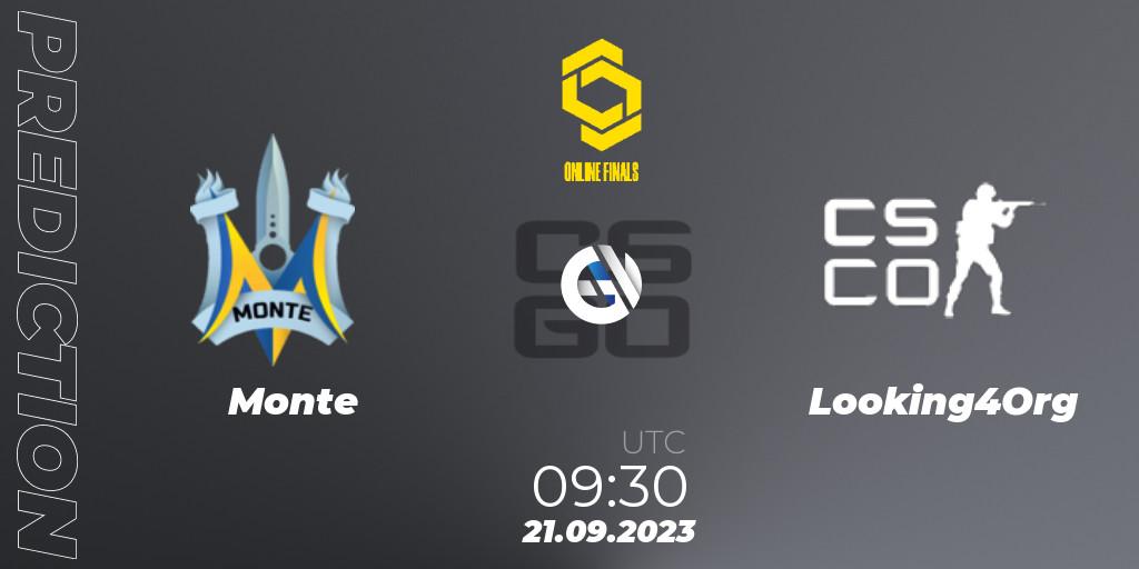 Monte vs Looking4Org: Betting TIp, Match Prediction. 21.09.2023 at 09:30. Counter-Strike (CS2), CCT Online Finals #3