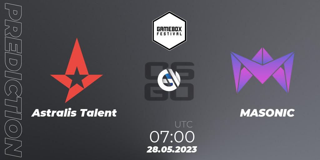 Astralis Talent vs MASONIC: Betting TIp, Match Prediction. 28.05.2023 at 07:00. Counter-Strike (CS2), Gamebox Invitational 2023