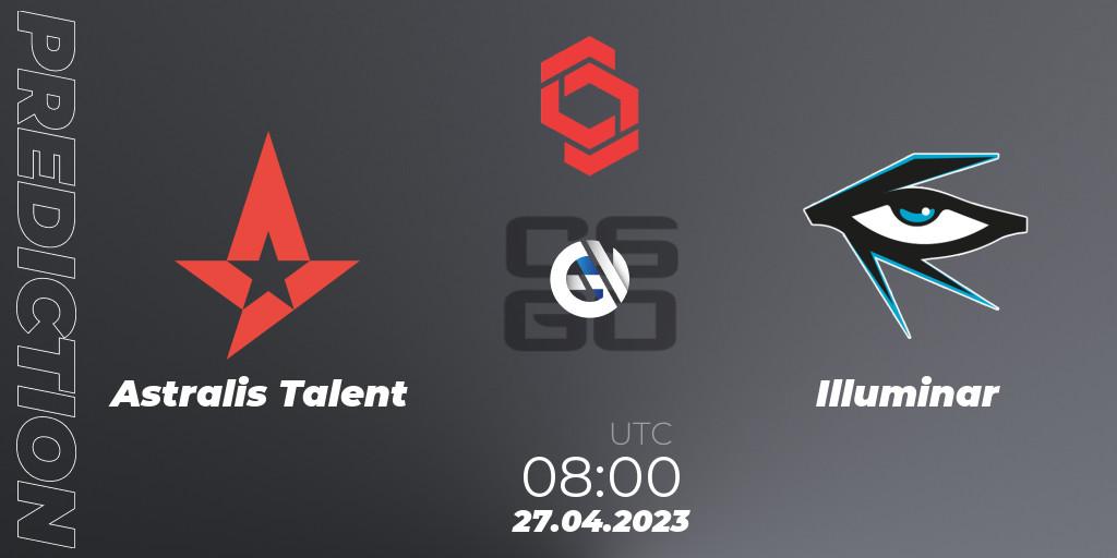 Astralis Talent vs Illuminar: Betting TIp, Match Prediction. 27.04.2023 at 08:00. Counter-Strike (CS2), CCT Central Europe Series #6