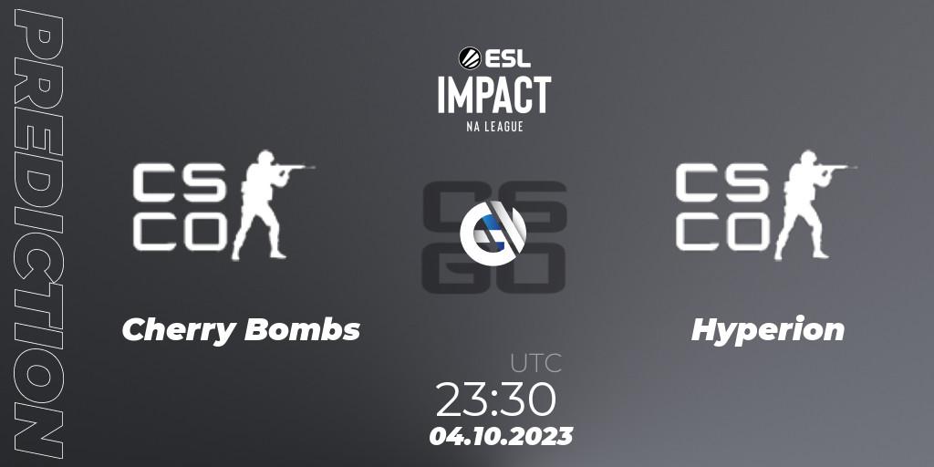 Cherry Bombs vs Hyperion: Betting TIp, Match Prediction. 04.10.2023 at 23:30. Counter-Strike (CS2), ESL Impact League Season 4: North American Division