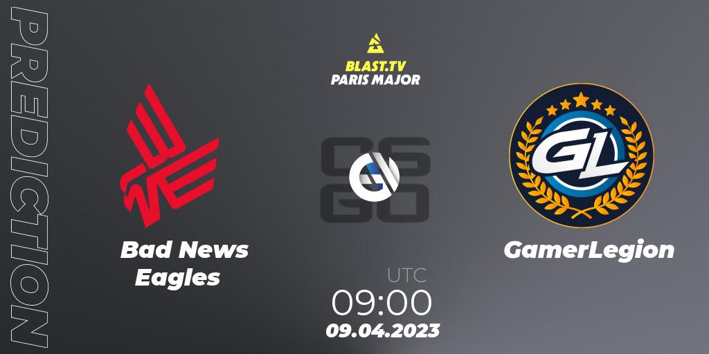 Bad News Eagles vs GamerLegion: Betting TIp, Match Prediction. 09.04.2023 at 09:00. Counter-Strike (CS2), BLAST.tv Paris Major 2023 Europe RMR A