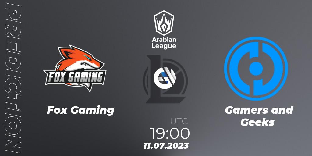 Fox Gaming vs Gamers and Geeks: Betting TIp, Match Prediction. 11.07.2023 at 19:00. LoL, Arabian League Summer 2023 - Group Stage