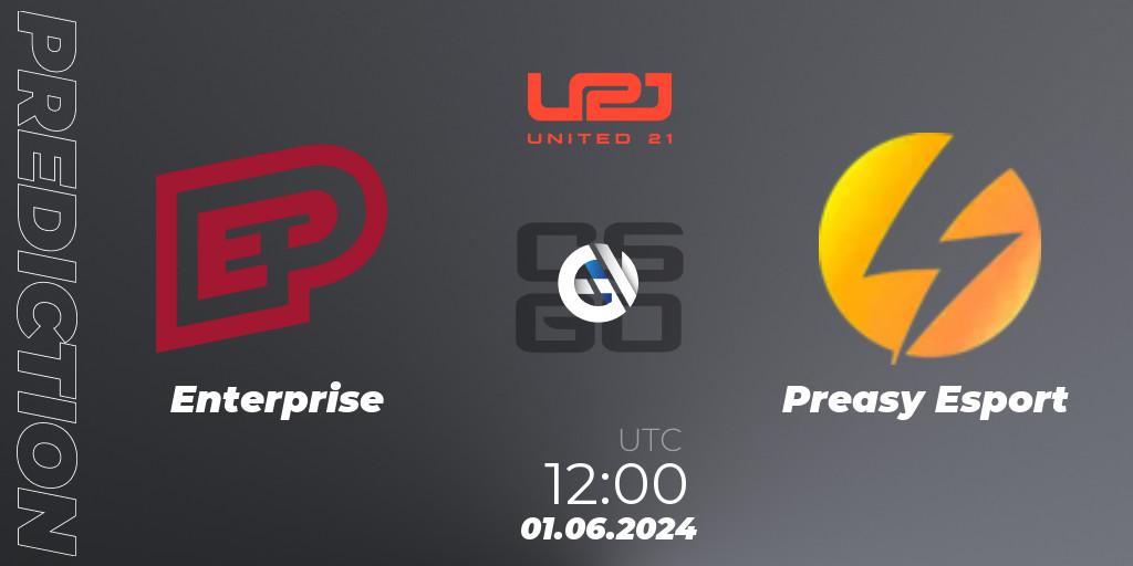 Enterprise vs Preasy Esport: Betting TIp, Match Prediction. 01.06.2024 at 12:00. Counter-Strike (CS2), United21 Season 16