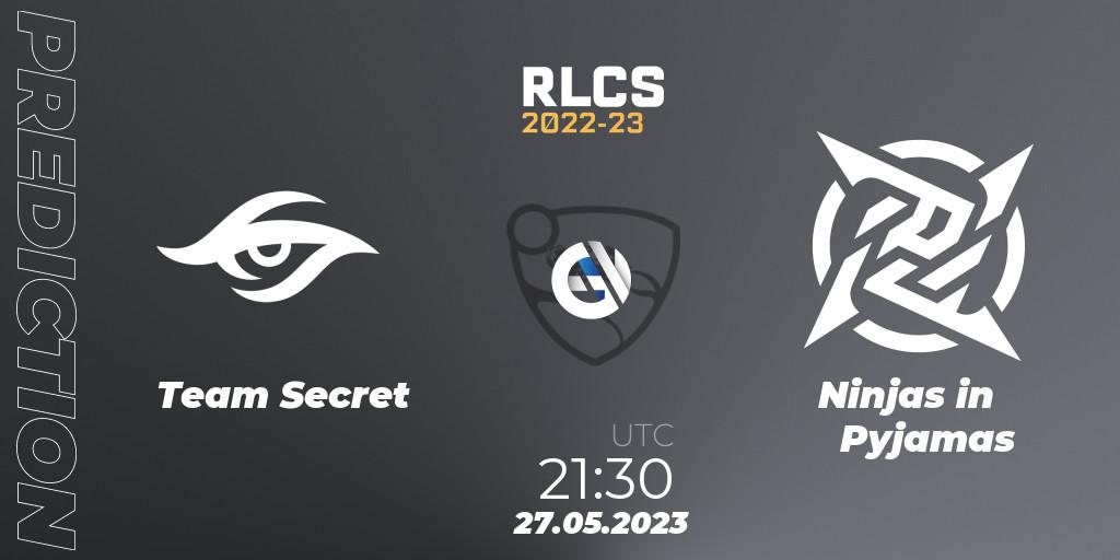 Team Secret vs Ninjas in Pyjamas: Betting TIp, Match Prediction. 27.05.2023 at 21:40. Rocket League, RLCS 2022-23 - Spring: South America Regional 2 - Spring Cup