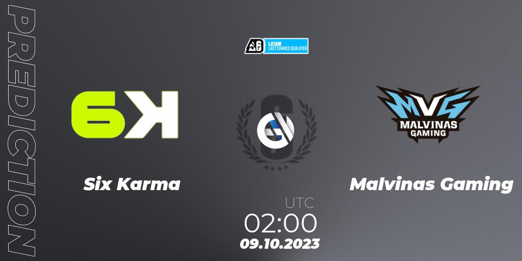 Six Karma vs Malvinas Gaming: Betting TIp, Match Prediction. 09.10.2023 at 02:00. Rainbow Six, LATAM League 2023 - Stage 2 - Last Chance Qualifier