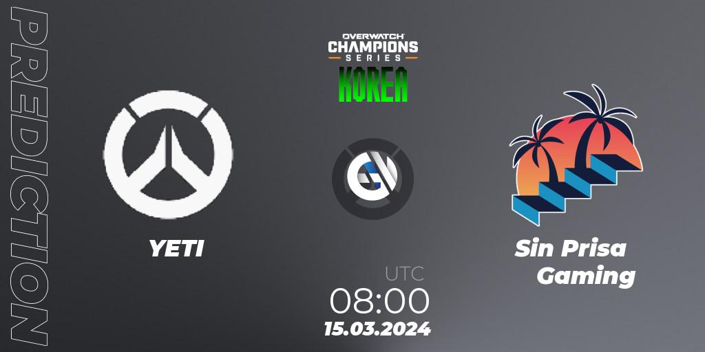 YETI vs Sin Prisa Gaming: Betting TIp, Match Prediction. 15.03.2024 at 08:00. Overwatch, Overwatch Champions Series 2024 - Stage 1 Korea