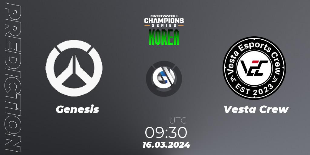 Genesis vs Vesta Crew: Betting TIp, Match Prediction. 16.03.2024 at 09:30. Overwatch, Overwatch Champions Series 2024 - Stage 1 Korea