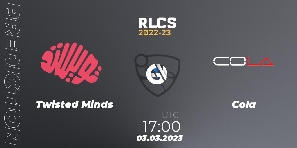 Twisted Minds vs Cola: Betting TIp, Match Prediction. 03.03.2023 at 17:00. Rocket League, RLCS 2022-23 - Winter: Middle East and North Africa Regional 3 - Winter Invitational
