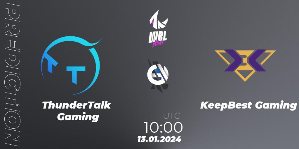 ThunderTalk Gaming vs KeepBest Gaming: Betting TIp, Match Prediction. 13.01.2024 at 10:00. Wild Rift, WRL Asia 2023 - Season 2: China Conference