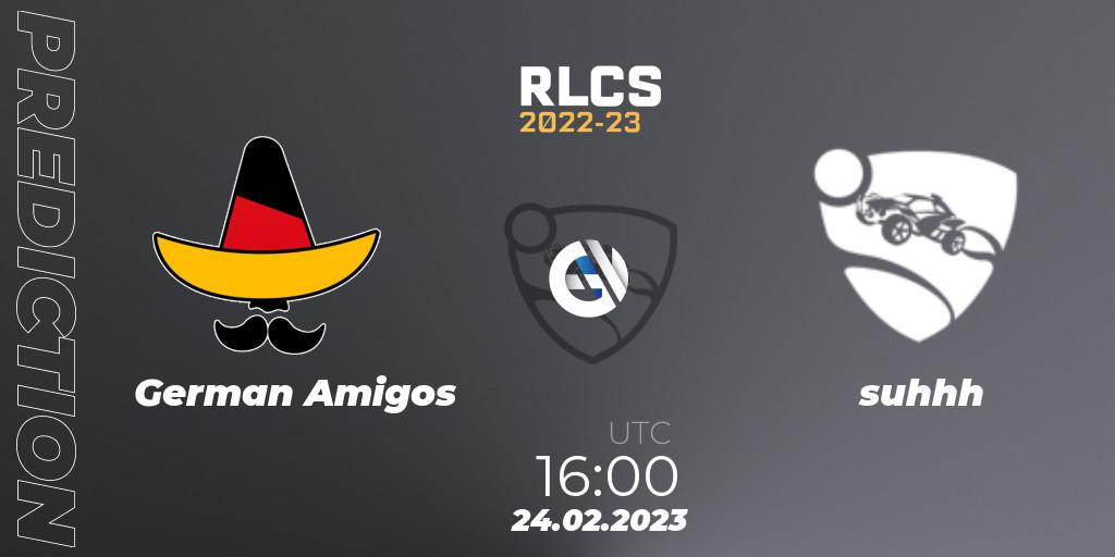 German Amigos vs suhhh: Betting TIp, Match Prediction. 24.02.2023 at 16:00. Rocket League, RLCS 2022-23 - Winter: Europe Regional 3 - Winter Invitational