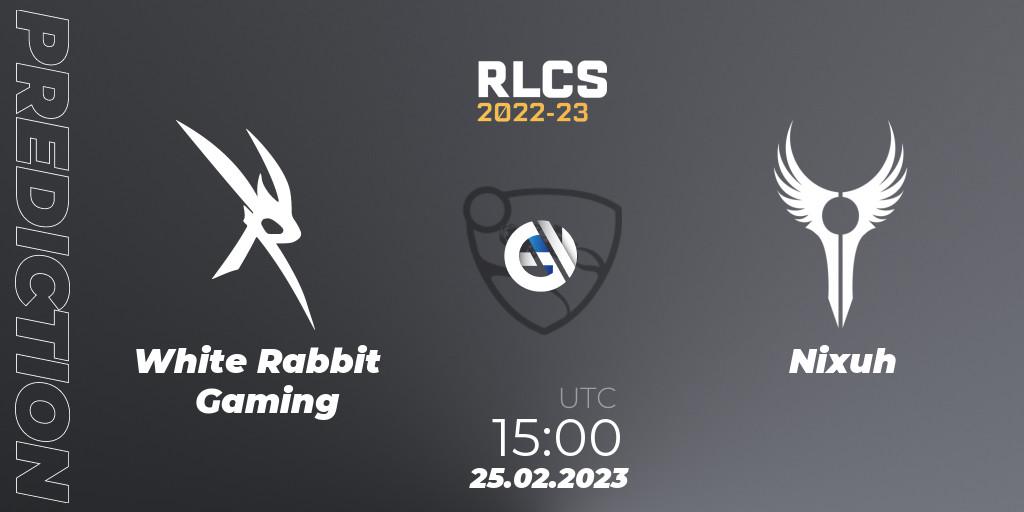 White Rabbit Gaming vs Nixuh: Betting TIp, Match Prediction. 25.02.2023 at 15:00. Rocket League, RLCS 2022-23 - Winter: Sub-Saharan Africa Regional 3 - Winter Invitational