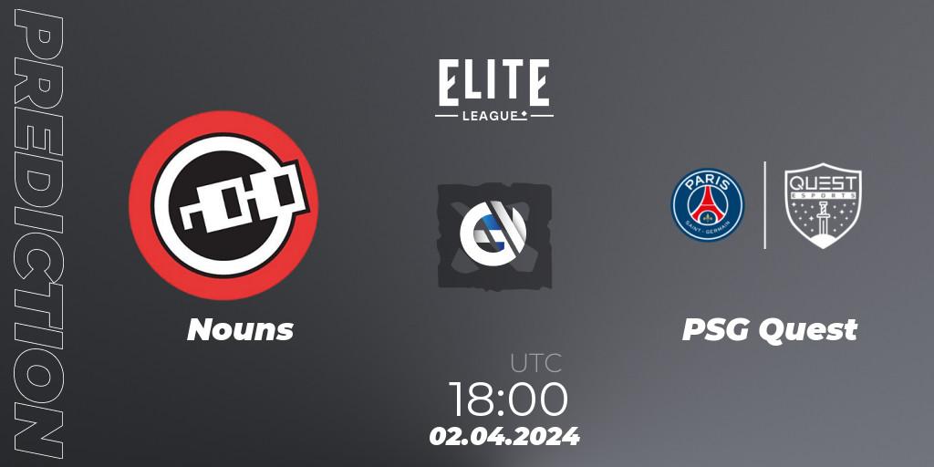 Nouns vs PSG Quest: Betting TIp, Match Prediction. 02.04.2024 at 18:00. Dota 2, Elite League: Swiss Stage