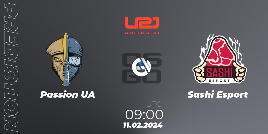 Passion UA vs Sashi Esport: Betting TIp, Match Prediction. 11.02.2024 at 09:30. Counter-Strike (CS2), United21 Season 11