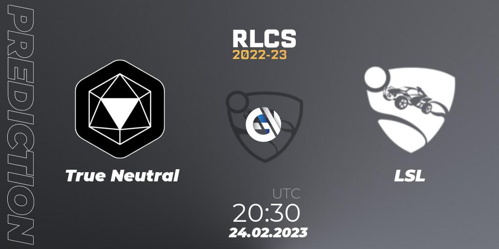 True Neutral vs LSL: Betting TIp, Match Prediction. 24.02.2023 at 20:30. Rocket League, RLCS 2022-23 - Winter: South America Regional 3 - Winter Invitational