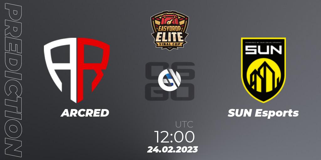 ARCRED vs SUN Esports: Betting TIp, Match Prediction. 24.02.2023 at 12:00. Counter-Strike (CS2), FASTCUP Elite Cup #1