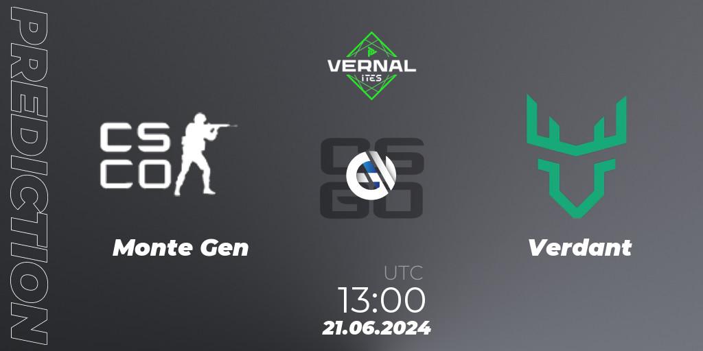 Monte Gen vs Verdant: Betting TIp, Match Prediction. 21.06.2024 at 13:00. Counter-Strike (CS2), ITES Vernal