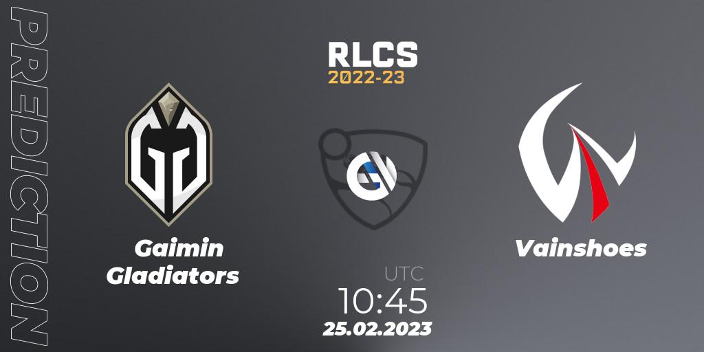 Gaimin Gladiators vs Vainshoes: Betting TIp, Match Prediction. 25.02.2023 at 10:45. Rocket League, RLCS 2022-23 - Winter: Asia-Pacific Regional 3 - Winter Invitational