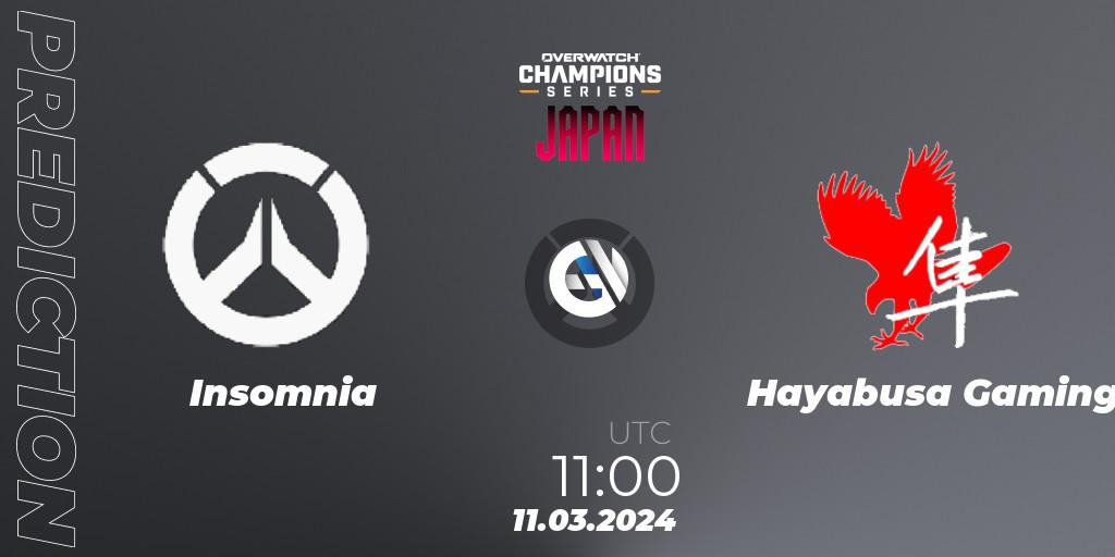 Insomnia vs Hayabusa Gaming: Betting TIp, Match Prediction. 11.03.2024 at 12:00. Overwatch, Overwatch Champions Series 2024 - Stage 1 Japan