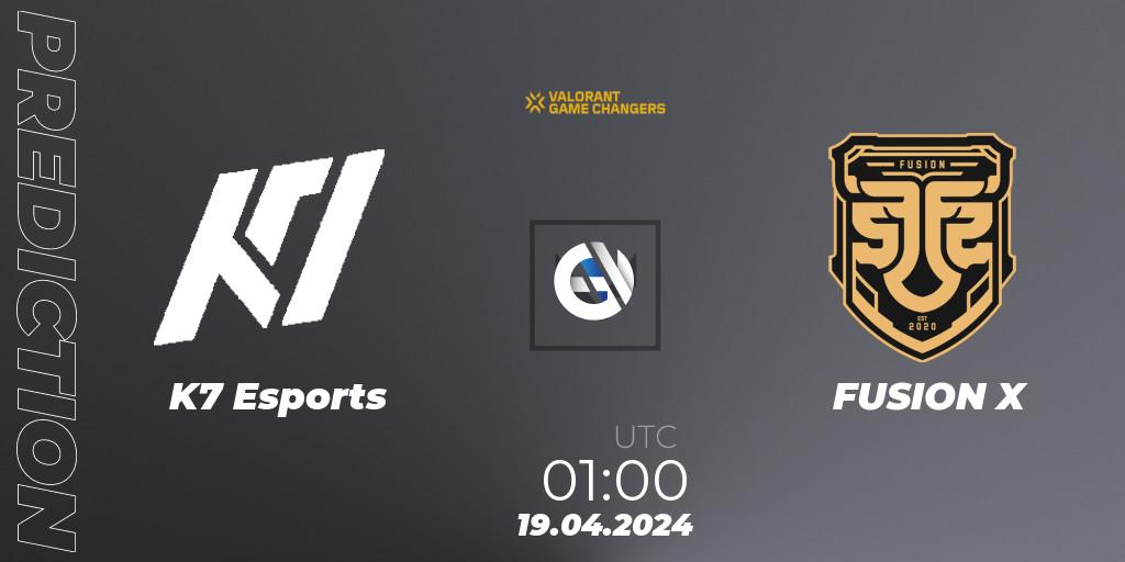 K7 Esports vs FUSION X: Betting TIp, Match Prediction. 19.04.2024 at 01:00. VALORANT, VCT 2024: Game Changers LAN - Opening