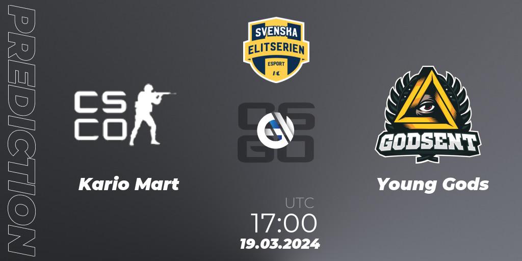 Kario Mart vs Young Gods: Betting TIp, Match Prediction. 19.03.2024 at 17:00. Counter-Strike (CS2), Svenska Elitserien Spring 2024