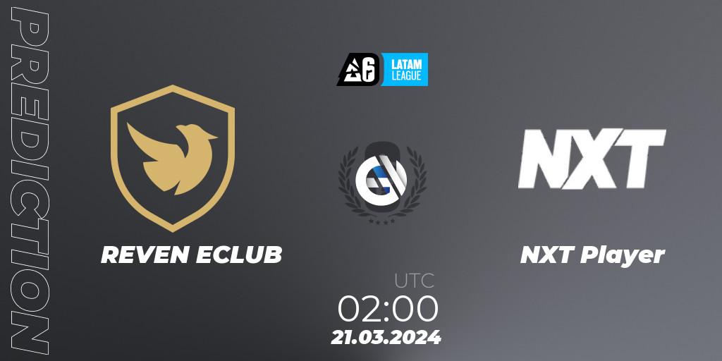 REVEN ECLUB vs NXT Player: Betting TIp, Match Prediction. 21.03.2024 at 02:00. Rainbow Six, LATAM League 2024 - Stage 1: LATAM North