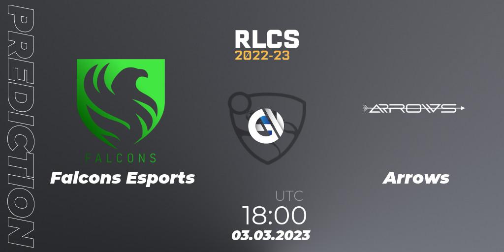 Falcons Esports vs Arrows: Betting TIp, Match Prediction. 03.03.2023 at 18:20. Rocket League, RLCS 2022-23 - Winter: Middle East and North Africa Regional 3 - Winter Invitational