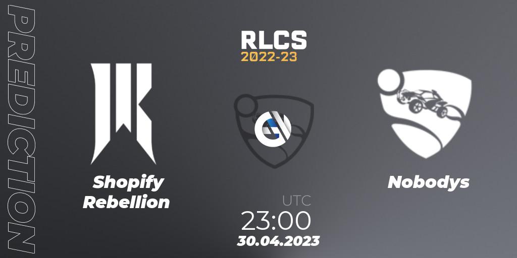Shopify Rebellion vs Nobodys: Betting TIp, Match Prediction. 30.04.2023 at 23:00. Rocket League, RLCS 2022-23 - Spring: North America Regional 1 - Spring Open: Closed Qualifier