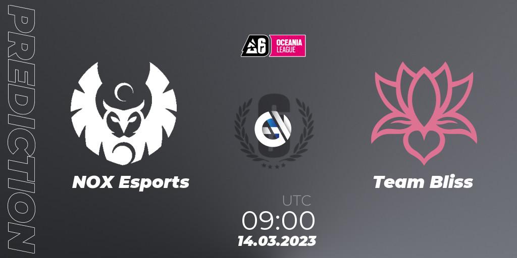 NOX Esports vs Team Bliss: Betting TIp, Match Prediction. 14.03.2023 at 09:15. Rainbow Six, Oceania League 2023 - Stage 1