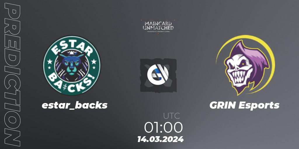 estar_backs vs GRIN Esports: Betting TIp, Match Prediction. 14.03.2024 at 01:00. Dota 2, Maincard Unmatched - March