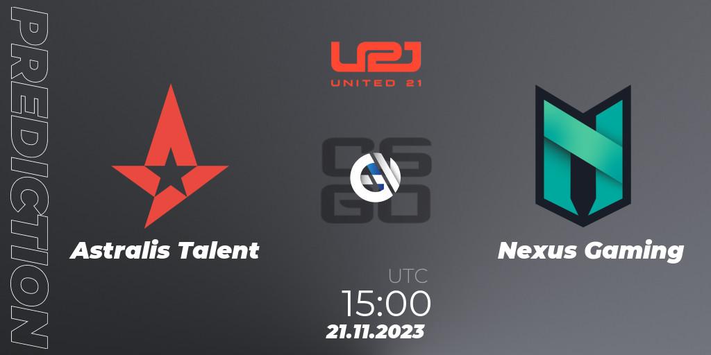 Astralis Talent vs Nexus Gaming: Betting TIp, Match Prediction. 21.11.2023 at 16:00. Counter-Strike (CS2), United21 Season 8