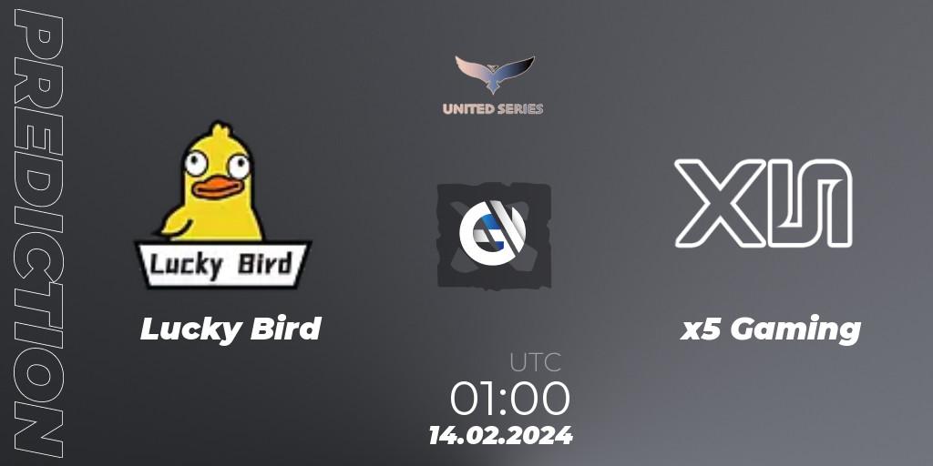 Lucky Bird vs x5 Gaming: Betting TIp, Match Prediction. 14.02.2024 at 01:00. Dota 2, United Series 1