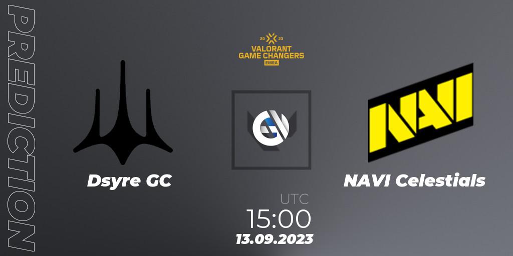 Dsyre GC vs NAVI Celestials: Betting TIp, Match Prediction. 13.09.2023 at 15:00. VALORANT, VCT 2023: Game Changers EMEA Stage 3 - Group Stage
