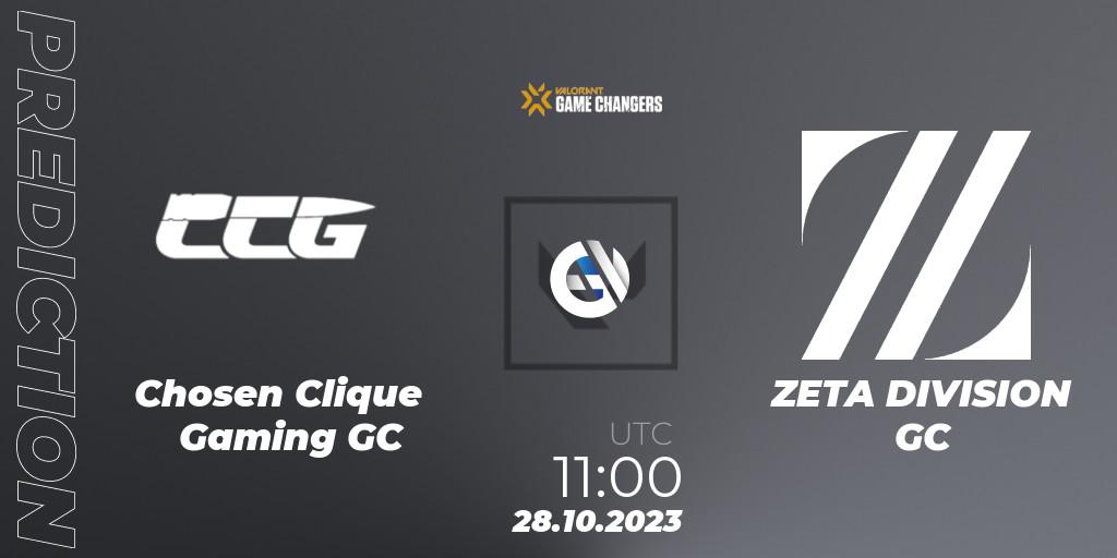 Chosen Clique Gaming GC vs ZETA DIVISION GC: Betting TIp, Match Prediction. 28.10.2023 at 11:00. VALORANT, VCT 2023: Game Changers East Asia