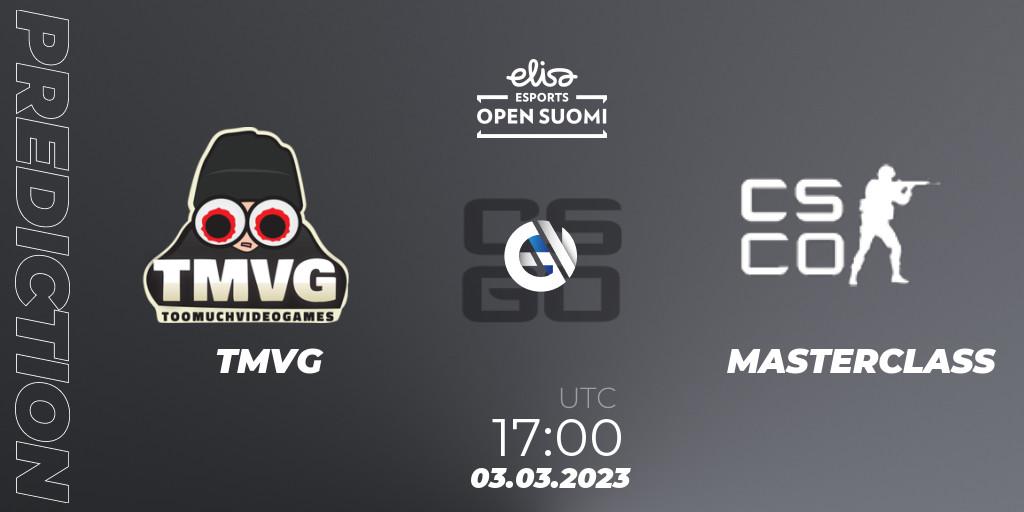 TMVG vs MASTERCLASS: Betting TIp, Match Prediction. 03.03.2023 at 17:30. Counter-Strike (CS2), Elisa Open Suomi Season 4