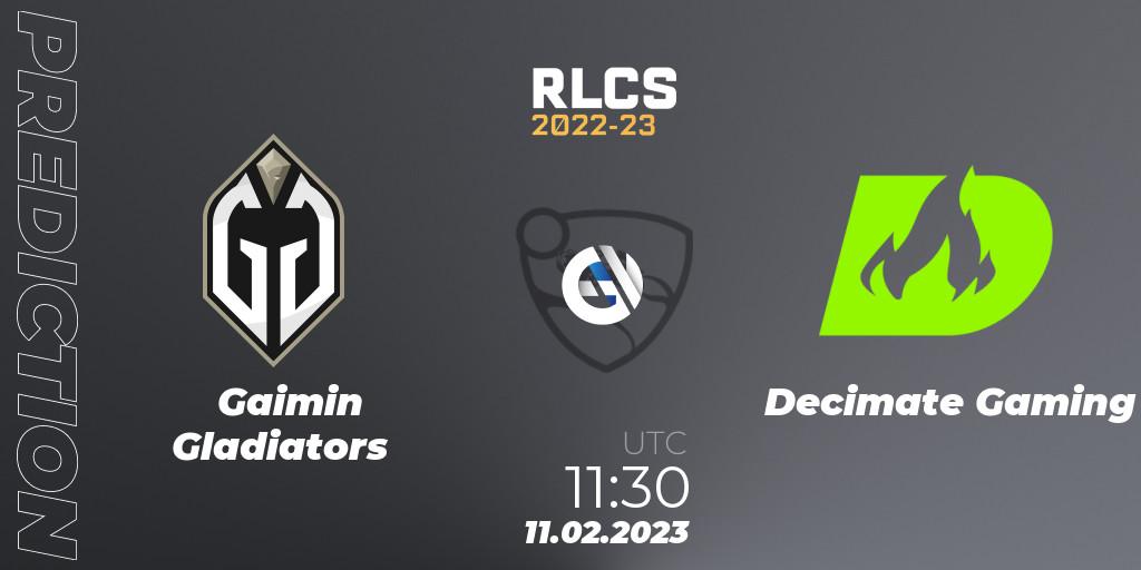 Gaimin Gladiators vs Decimate Gaming: Betting TIp, Match Prediction. 11.02.2023 at 11:30. Rocket League, RLCS 2022-23 - Winter: Asia-Pacific Regional 2 - Winter Cup