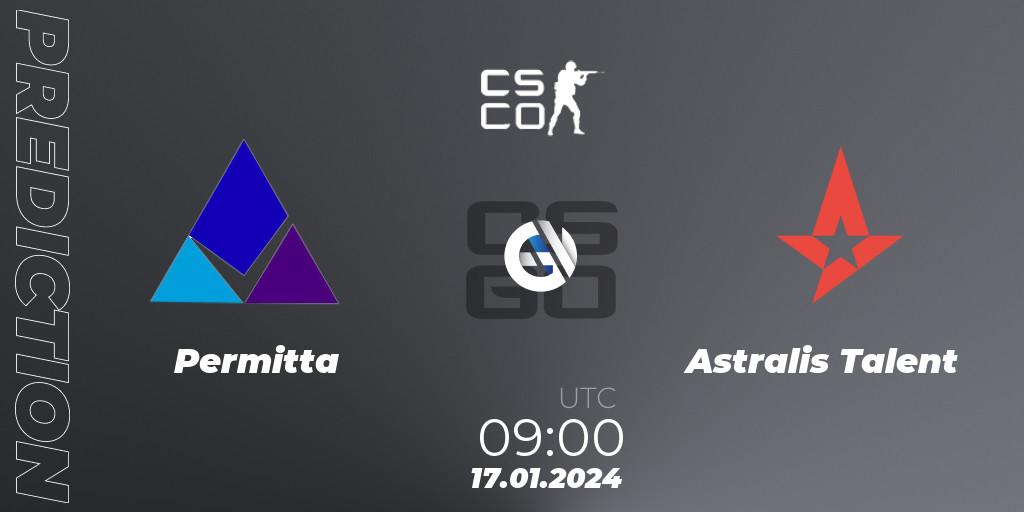 Permitta vs Astralis Talent: Betting TIp, Match Prediction. 17.01.2024 at 12:30. Counter-Strike (CS2), European Pro League Season 14: Division 2