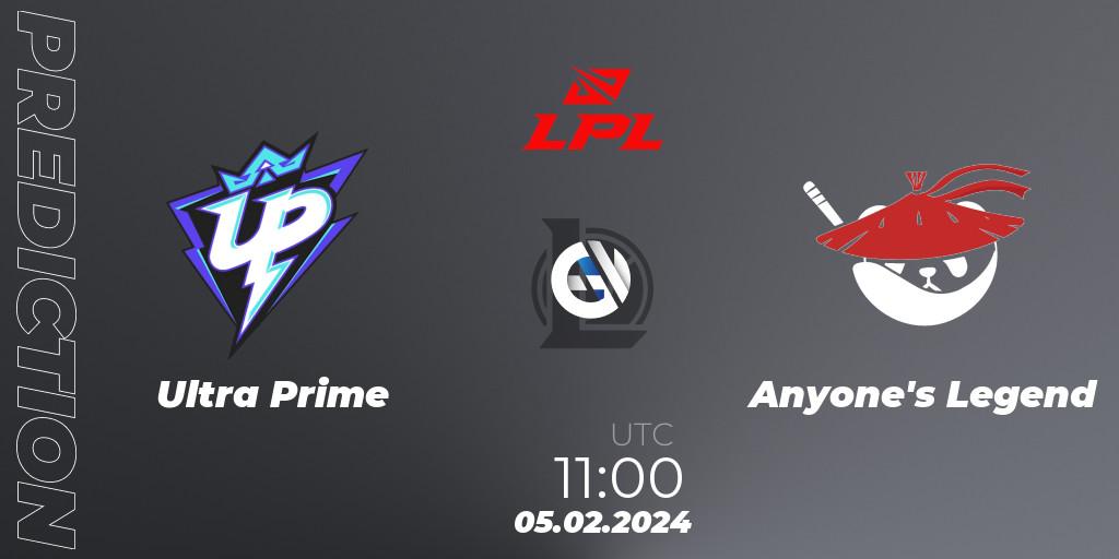 Ultra Prime vs Anyone's Legend: Betting TIp, Match Prediction. 05.02.2024 at 12:00. LoL, LPL Spring 2024 - Group Stage
