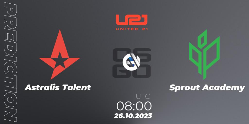 Astralis Talent vs Sprout Academy: Betting TIp, Match Prediction. 26.10.2023 at 08:00. Counter-Strike (CS2), United21 Season 7