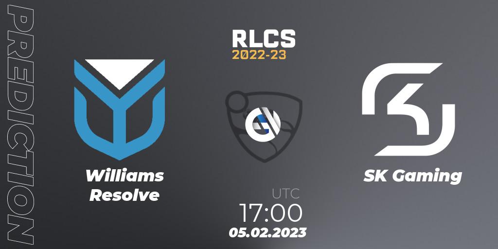 Williams Resolve vs SK Gaming: Betting TIp, Match Prediction. 05.02.2023 at 17:00. Rocket League, RLCS 2022-23 - Winter: Europe Regional 2 - Winter Cup: Closed Qualifier
