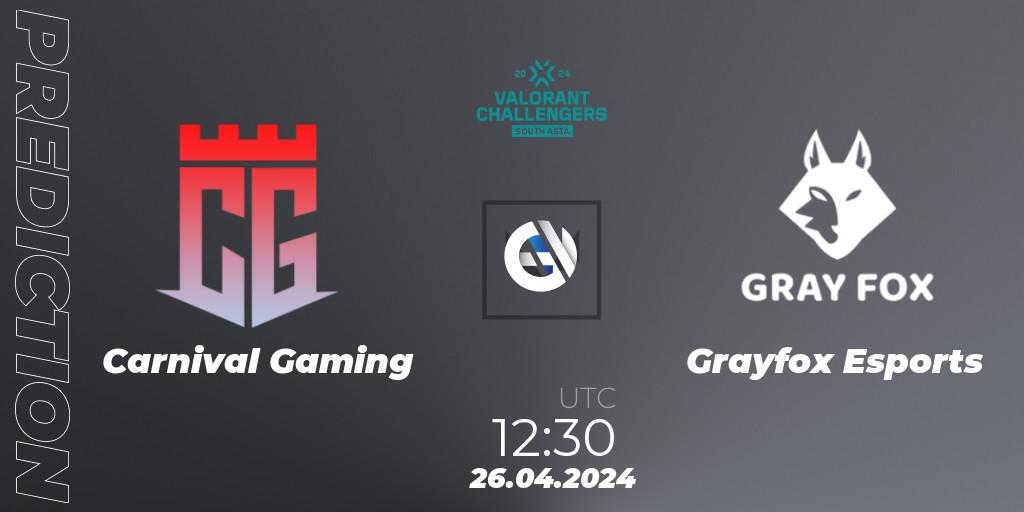 Carnival Gaming vs Grayfox Esports: Betting TIp, Match Prediction. 26.04.2024 at 12:30. VALORANT, VALORANT Challengers 2024 South Asia: Split 1 - Cup 2