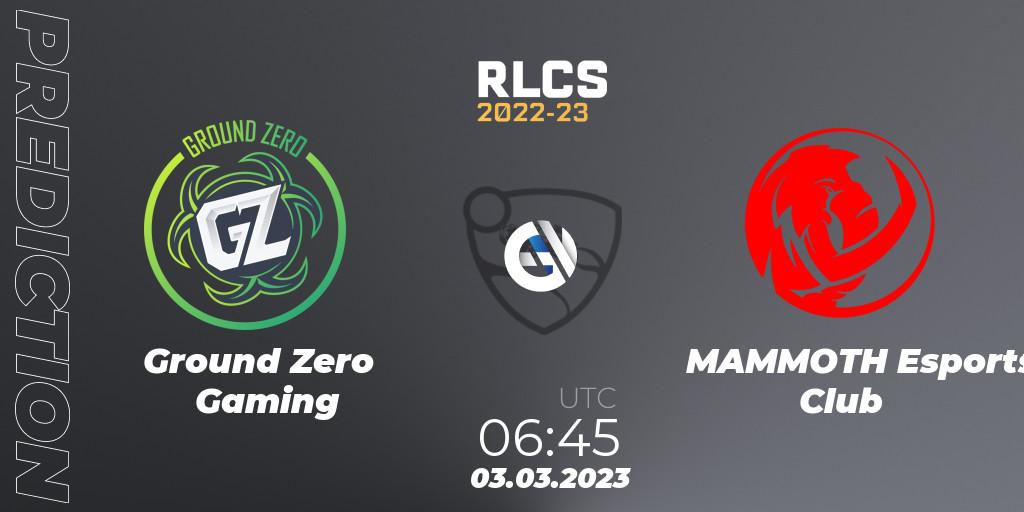 Ground Zero Gaming vs MAMMOTH Esports Club: Betting TIp, Match Prediction. 03.03.2023 at 06:45. Rocket League, RLCS 2022-23 - Winter: Oceania Regional 3 - Winter Invitational