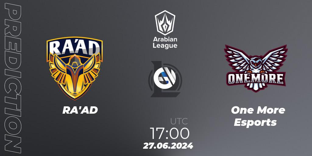 RA'AD vs One More Esports: Betting TIp, Match Prediction. 26.06.2024 at 18:00. LoL, Arabian League Summer 2024